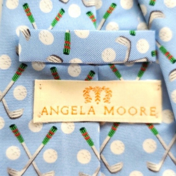 ANGELA MOORE SILK GOLF MEN'S TIE BLUE WHITE SPRING CLUBS GOLF BALLS - Picture 5 of 6